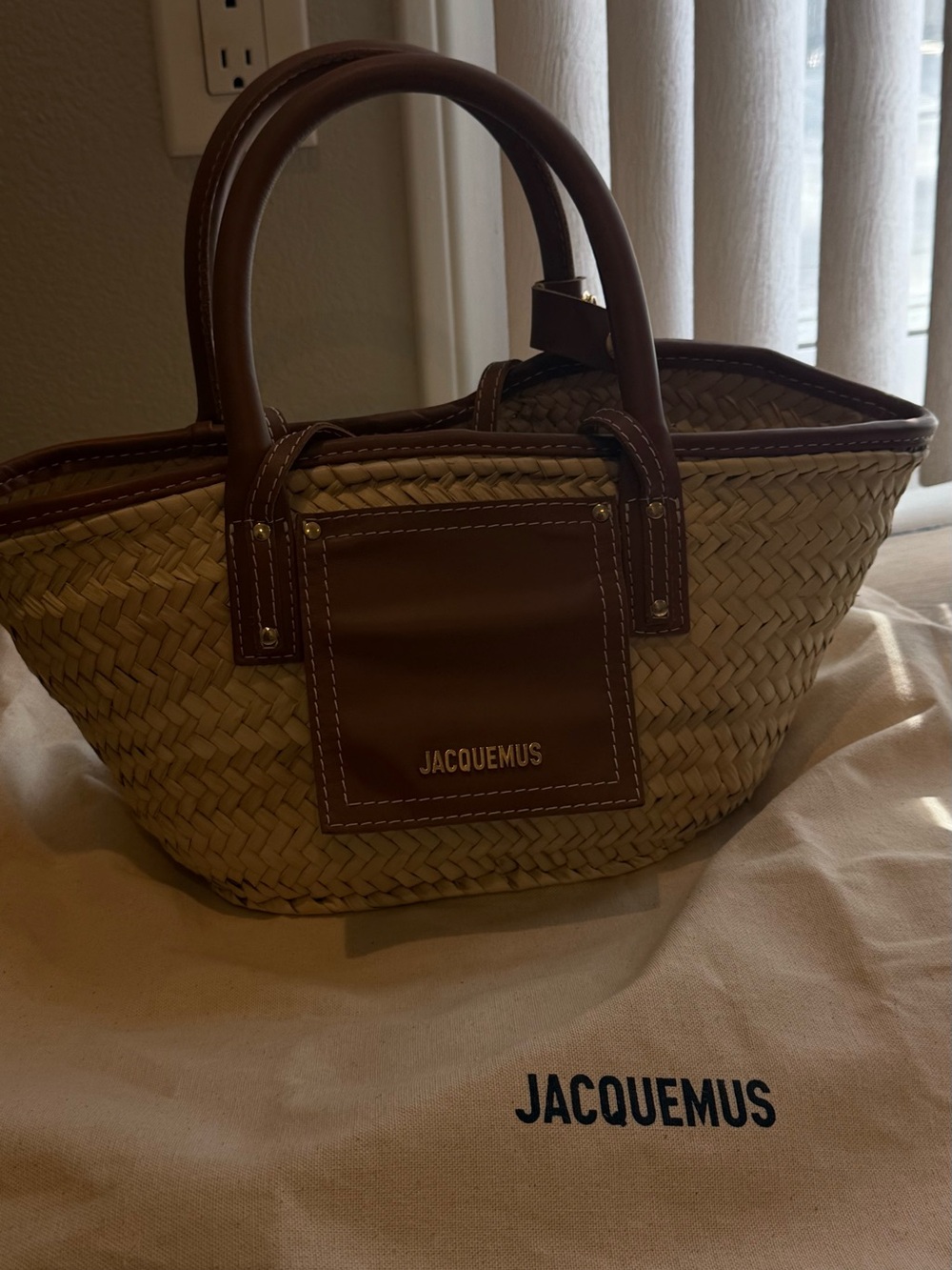 Jacquemus Tan Leather-Trim Straw Tote